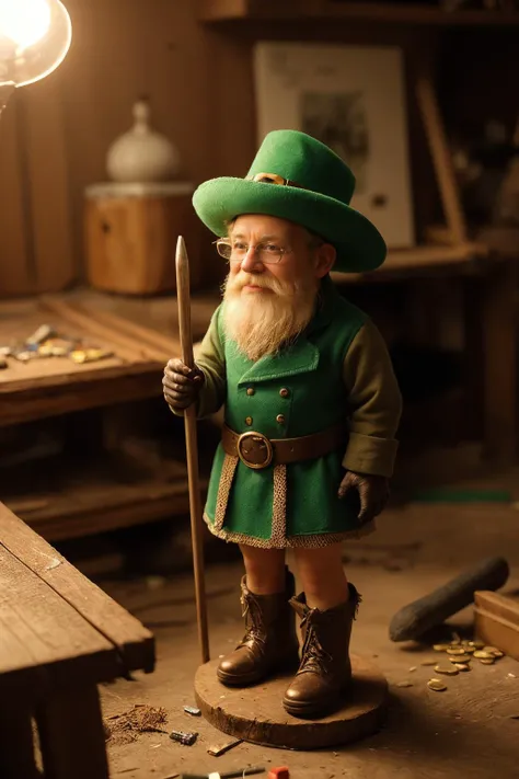 Leprechaun: A wizened old Leprechaun with a mischievous twinkle in his eyes,dressed in a worn green leather kilt and a tricorn hat. He is hammering on a tiny anvil,crafting a miniature golden horseshoe. A cozy and cluttered workshop nestled under the roots of a giant oak tree. Sunlight filters through the leaves,casting a warm glow on the scene. Shelves overflowing with spools of thread,tiny tools,and glittering gemstones. Half-finished shoes and miniature furniture scattered on the workbench. A pot of gold coins simmering in the corner,watched over by a black cat. Mood: The image should be whimsical and full of life,showcasing the Leprechaun's skill and playful personality. Pay close attention to lighting and details to create a sense of depth and magic.,