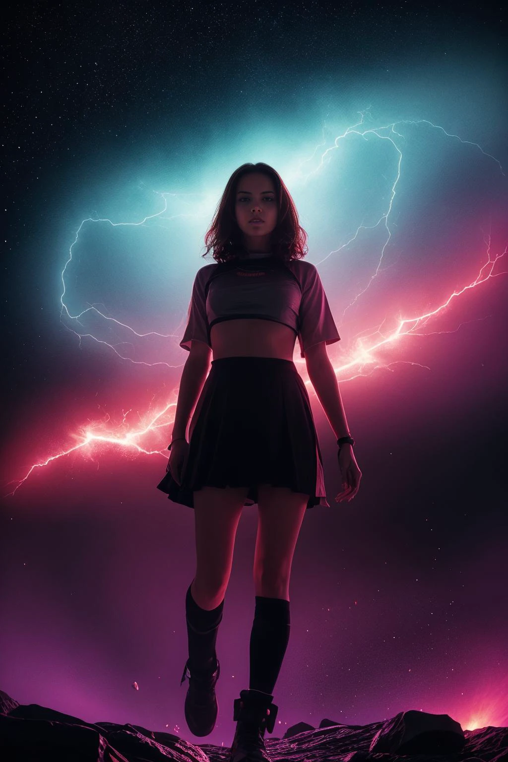 girl on the moon during a fractal energy storm,incredible colors,strings of light and lasers fill the scene,