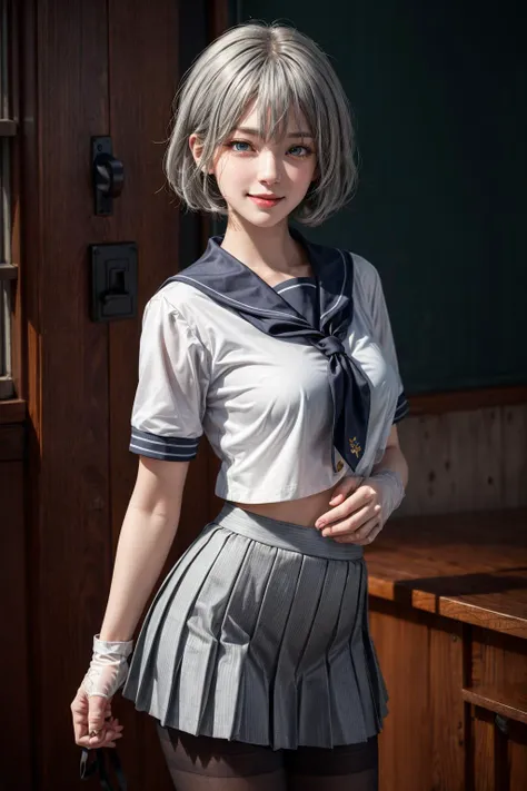"1 girl, incredibly detailed 8k computer graphics, perfect model, mesmerizing idol, Stunning face, unearthly beauty, virgin white hair, ring braids, Charming Blue Eyes, White shirt, pleated gray skirt,  brown tights, lean on the table  , whole body, legs spread, pussy visible, thong mesh, unbutton your shirt, bare chest, Background room, maximally depraved