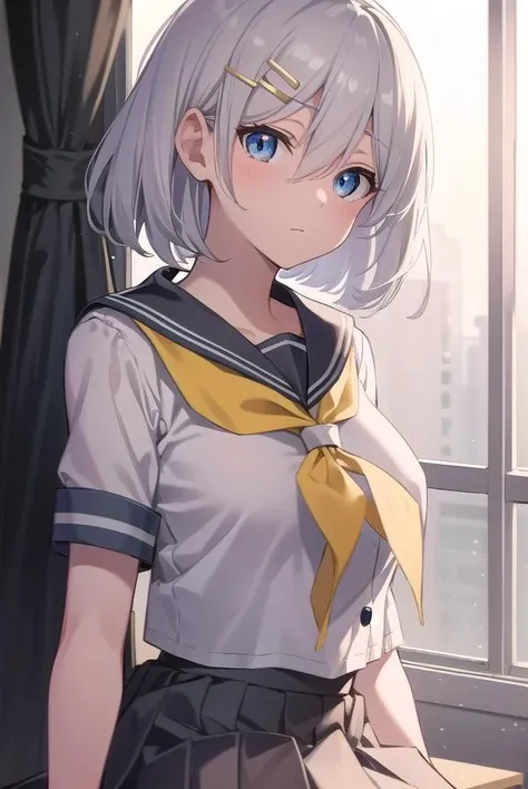 hamakaze, <lora:hamakaze-lora-nochekaiser:1>,
hamakaze, blue eyes, grey hair, hair ornament, hair over one eye, hairclip, short hair, short hair,
BREAK black pantyhose, buttons, gloves, grey sailor collar, grey skirt, hairclip, neckerchief, pantyhose, pleated skirt, sailor collar, school uniform, serafuku, skirt, white gloves, yellow neckerchief,
BREAK looking at viewer,
BREAK indoors, classroom,
BREAK <lyco:GoodHands-beta2:1>, (masterpiece:1.2), best quality, high resolution, unity 8k wallpaper, (illustration:0.8), (beautiful detailed eyes:1.6), extremely detailed face, perfect lighting, extremely detailed CG, (perfect hands, perfect anatomy),