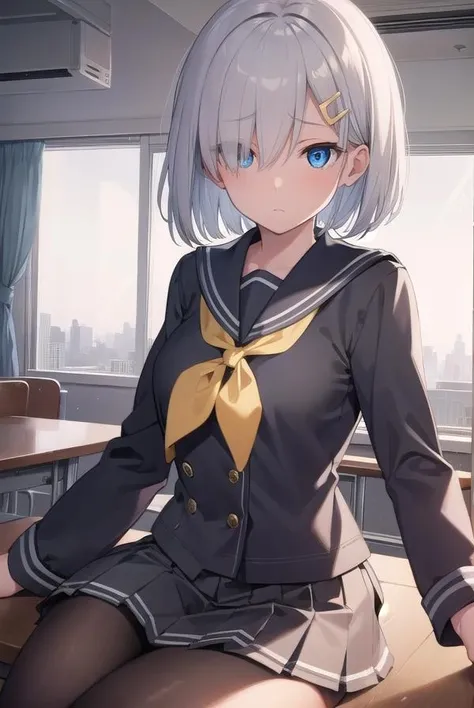 hamakaze, <lora:hamakaze-lora-nochekaiser:1>,
hamakaze, blue eyes, grey hair, hair ornament, hair over one eye, hairclip, short hair, short hair,
BREAK black pantyhose, buttons, gloves, grey sailor collar, grey skirt, hairclip, neckerchief, pantyhose, pleated skirt, sailor collar, school uniform, serafuku, skirt, white gloves, yellow neckerchief,
BREAK looking at viewer,
BREAK indoors, classroom,
BREAK <lyco:GoodHands-beta2:1>, (masterpiece:1.2), best quality, high resolution, unity 8k wallpaper, (illustration:0.8), (beautiful detailed eyes:1.6), extremely detailed face, perfect lighting, extremely detailed CG, (perfect hands, perfect anatomy),