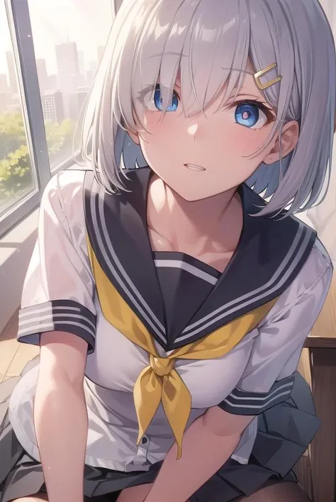 best quality, masterpiece, highres, solo, {hamakaze_kantaicollection:1.15}, blue_eyes, short_hair, grey_hair, hairclip, hair_ornament, hair_over_one_eye, breasts, large_breasts, blush, serafuku, 1girl, eyes_visible_through_hair, looking_at_viewer, neckerchief, school_uniform, yellow_neckerchief, lying, on_back, open_mouth, sailor_collar, short_sleeves, upper_body, gloves, white_gloves