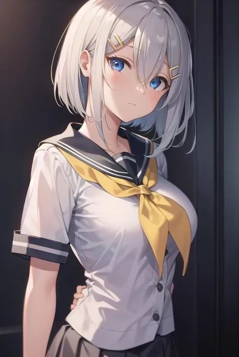 hamakaze, <lora:hamakaze-lora-nochekaiser:1>,
hamakaze, blue eyes, grey hair, hair ornament, hair over one eye, hairclip, short hair, short hair,
BREAK black pantyhose, buttons, gloves, grey sailor collar, grey skirt, hairclip, neckerchief, pantyhose, pleated skirt, sailor collar, school uniform, serafuku, skirt, white gloves, yellow neckerchief,
BREAK looking at viewer,
BREAK indoors, classroom,
BREAK <lyco:GoodHands-beta2:1>, (masterpiece:1.2), best quality, high resolution, unity 8k wallpaper, (illustration:0.8), (beautiful detailed eyes:1.6), extremely detailed face, perfect lighting, extremely detailed CG, (perfect hands, perfect anatomy),