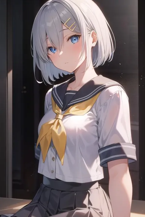 Garota com cabelos pretos, dentro de uma escola, standing, one hand on each breast lifting them up, looking at the camera, usando uma camisa que cobre seus peitos