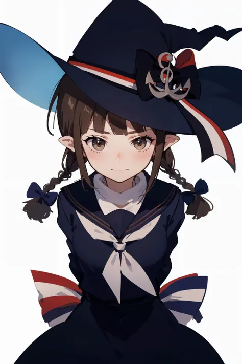 (masterpiece, high quality, highres:1),1girl,solo,<lora:wadanohara-wasabiya:1>,wadanohara,witch hat,hat bow,blue dress,blue hat,twin braid,long hair,handkerchief,anchor,hat ornament,school uniform,sailor collar,multicolored ribbon,arms behind back,brown eyes,