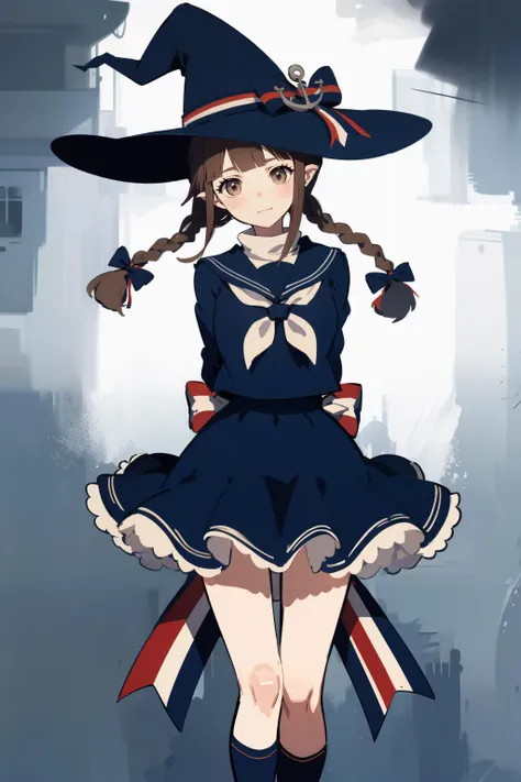 (masterpiece, high quality, highres:1),1girl,solo,<lora:wadanohara-wasabiya:1>,wadanohara,witch hat,hat bow,blue dress,blue hat,twin braid,long hair,handkerchief,anchor,hat ornament,school uniform,sailor collar,multicolored ribbon,arms behind back,brown eyes,