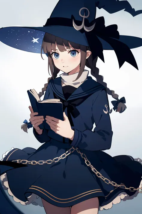 (masterpiece, high quality, highres:1),1girl,solo,<lora:wadanohara-wasabiya:1>,wadablue,twin braids,long hair,witch hat,blue bow,anchor,star print,hat ornament,blue ribbon,book,holding book,blue skirt,chain,star \(symbol\),crescent, blue eyes