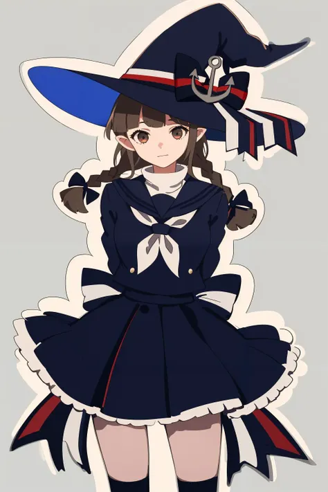 (masterpiece, high quality, highres:1),1girl,solo,<lora:wadanohara-wasabiya:1>,wadanohara,witch hat,hat bow,blue dress,blue hat,twin braid,long hair,handkerchief,anchor,hat ornament,school uniform,sailor collar,multicolored ribbon,arms behind back,