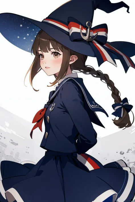 (masterpiece, high quality, highres:1),1girl,solo,<lora:wadanohara-wasabiya:1>,wadanohara,witch hat,hat bow,blue dress,blue hat,twin braid,long hair,handkerchief,anchor,hat ornament,school uniform,sailor collar,multicolored ribbon,arms behind back,brown eyes,