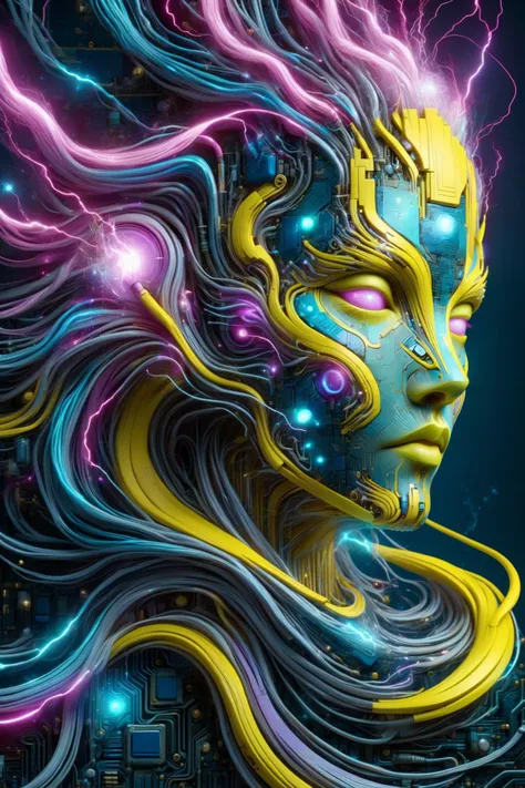 the head of a woman made of ral-semiconductor in the style of aaron horkey, in the style of alphonse mucha <lora:DonMW15pXL-000008:1> DonMW15pXL, neon yellow lightning, neon teal lightning, neon magenta lightning, floating, astral, <lora:ral-semiconductor-sdxl:0.6> <lora:EnvyBetterHiresFixXL01:1>, (masterpiece:1.2), best quality, (hyperdetailed, highest detailed:1.2), high resolution textures