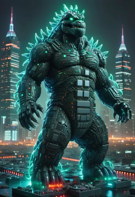 futuristic style A massive ral-semiconductor style Godzilla, towering over a futuristic cityscape with neon lights and skyscrapers in the background, stomps through rubble while emitting an ominous roar that echoes across the landscape. The beast's deteriorating health becomes evident as it struggles to maintain its destructive path due to environmental pollution . sleek, modern, ultramodern, high tech, detailed, <lora:ral-semiconductor:0.8>,
