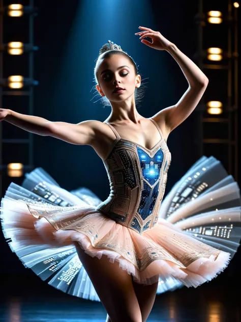 ral-semiconductor, A captivating portrait of a ballerina in mid-twirl, her tutu and attire detailed with delicate ral-semiconductor patterns, set against a dark stage with spotlights <lora:ral-semiconductor-sdxl:1>, evocative, detailed, HDR, <lora:EnvyBetterHiresFixXL01:0:hr=1>