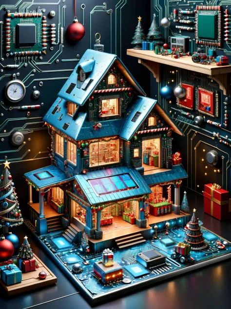 ral-semiconductor, A whimsical vision of a ral-semiconductor styled Santa's workshop, with elves and toys all featuring circuit patterns, ready for a futuristic Christmas delivery <lora:ral-semiconductor-sdxl:1>, imaginative, vibrant, HDR, <lora:EnvyBetterHiresFixXL01:0:hr=1>