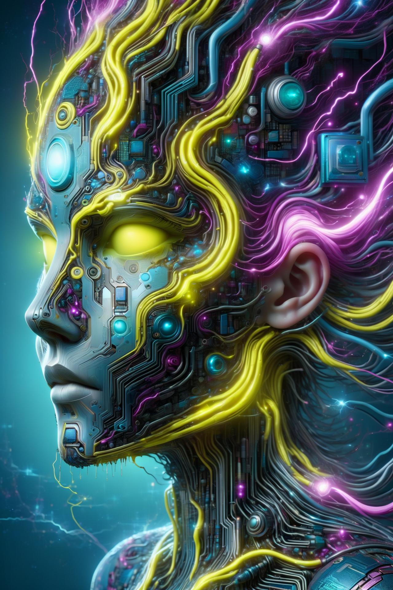 A digital painting of a woman with a futuristic head and glowing hair ...