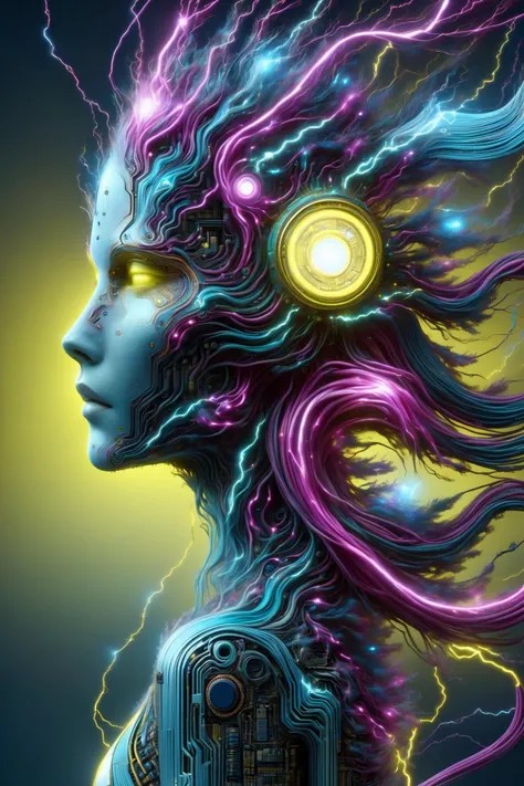 the head of a woman made of ral-semiconductor in the style of aaron horkey, in the style of alphonse mucha <lora:DonMW15pXL-000008:1> DonMW15pXL, neon yellow lightning, neon teal lightning, neon magenta lightning, floating, astral, <lora:ral-semiconductor-sdxl:0.6> <lora:EnvyBetterHiresFixXL01:1>, (masterpiece:1.2), best quality, (hyperdetailed, highest detailed:1.2), high resolution textures