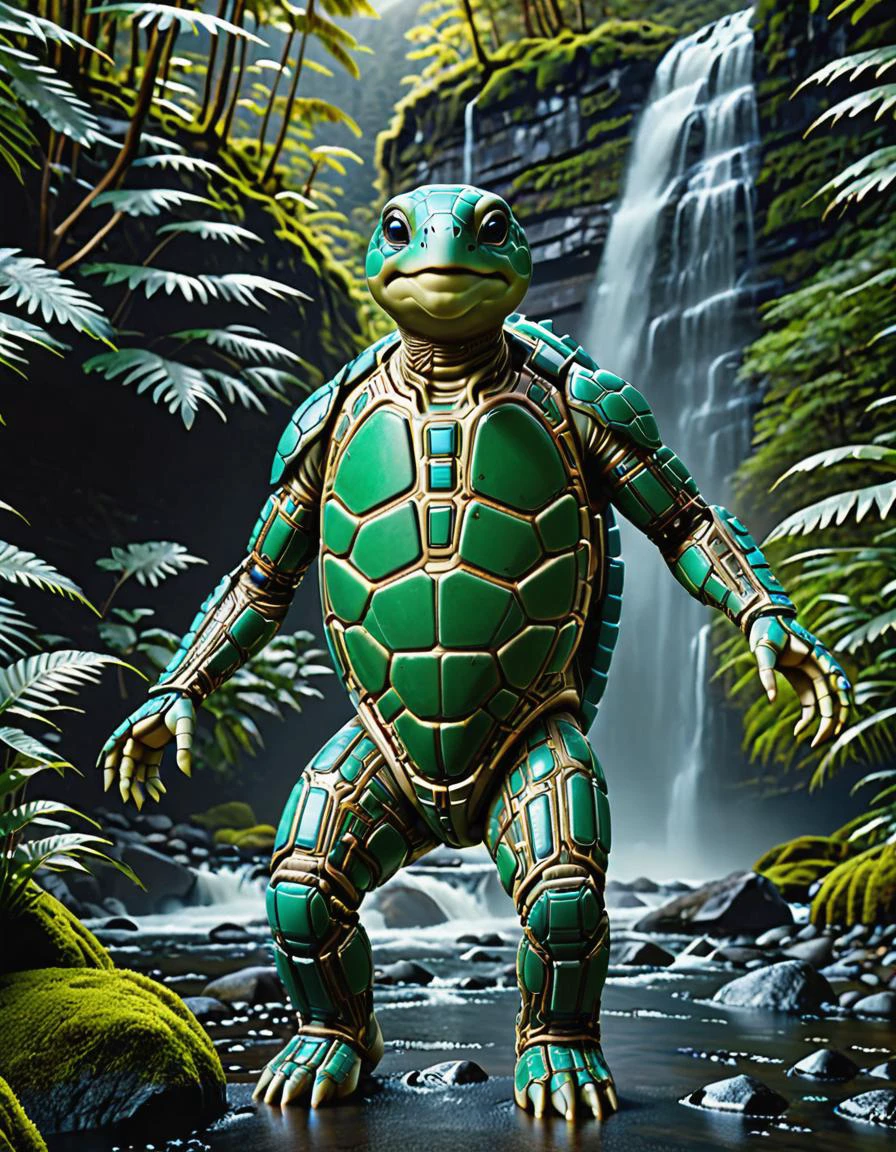 cinematic film still A smiling, alien turtle made of ral-semiconductor wearing a translucent stillsuit is shown in the midst of mountain path near a waterfall, from above, its chest is wide and imposing revealing its non-human form, volumetric water vapors swirls around it as if caught by an unseen wind, background features a lush forest and dark sky, detailed, realistic, 8k uhd, high quality, style of James Stokoe, . shallow depth of field, vignette, highly detailed, high budget, bokeh, cinemascope, moody, epic, gorgeous, film grain, grainy, <lora:ral-semiconductor:1>, <lora:StillsuitXL_v1.32:0.4>