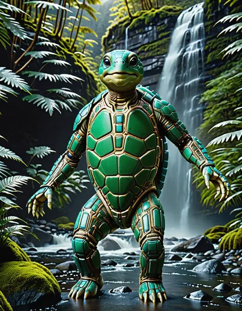 cinematic film still A smiling, alien turtle made of ral-semiconductor wearing a translucent stillsuit is shown in the midst of mountain path near a waterfall, from above, its chest is wide and imposing revealing its non-human form, volumetric water vapors swirls around it as if caught by an unseen wind, background features a lush forest and dark sky, detailed, realistic, 8k uhd, high quality, style of James Stokoe,  . shallow depth of field, vignette, highly detailed, high budget, bokeh, cinemascope, moody, epic, gorgeous, film grain, grainy,  <lora:ral-semiconductor:1>,  <lora:StillsuitXL_v1.32:0.4>