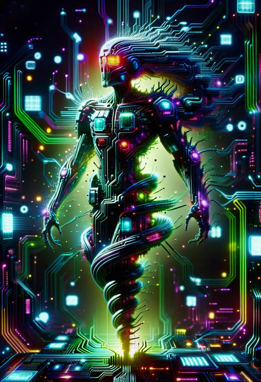 hyper detailed masterpiece, dynamic, awesome quality, scifi tech noir neon DonM3l3m3nt4lXL <lora:DonM3l3m3nt4lXL-000010:1.25> <lora:DonMT3chW0rldXL:0.65> DonMT3chW0rldXL <lora:ral-semiconductor:0.65> ral-semiconductor