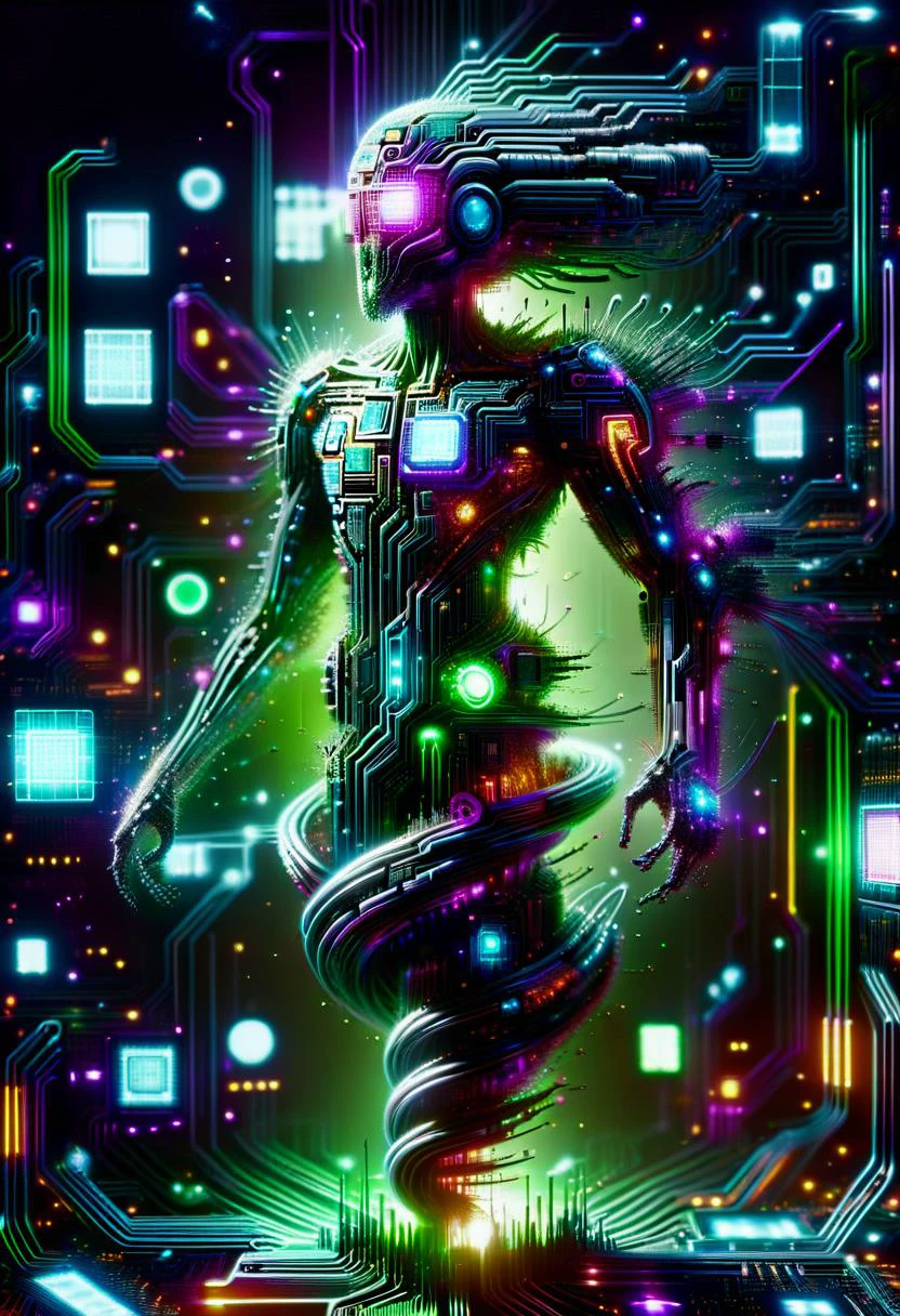 hyper detailed masterpiece, dynamic, awesome quality, scifi tech noir neon DonM3l3m3nt4lXL <lora:DonM3l3m3nt4lXL-000010:1.3> <lora:DonMT3chW0rldXL:0.7> DonMT3chW0rldXL <lora:ral-semiconductor:0.8> ral-semiconductor