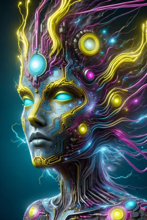 the head of a woman made of ral-semiconductor in the style of aaron horkey, in the style of alphonse mucha <lora:DonMW15pXL-000008:1> DonMW15pXL, neon yellow lightning, neon teal lightning, neon magenta lightning, floating, astral, <lora:ral-semiconductor-sdxl:0.6> <lora:EnvyBetterHiresFixXL01:1>, (masterpiece:1.2), best quality, (hyperdetailed, highest detailed:1.2), high resolution textures