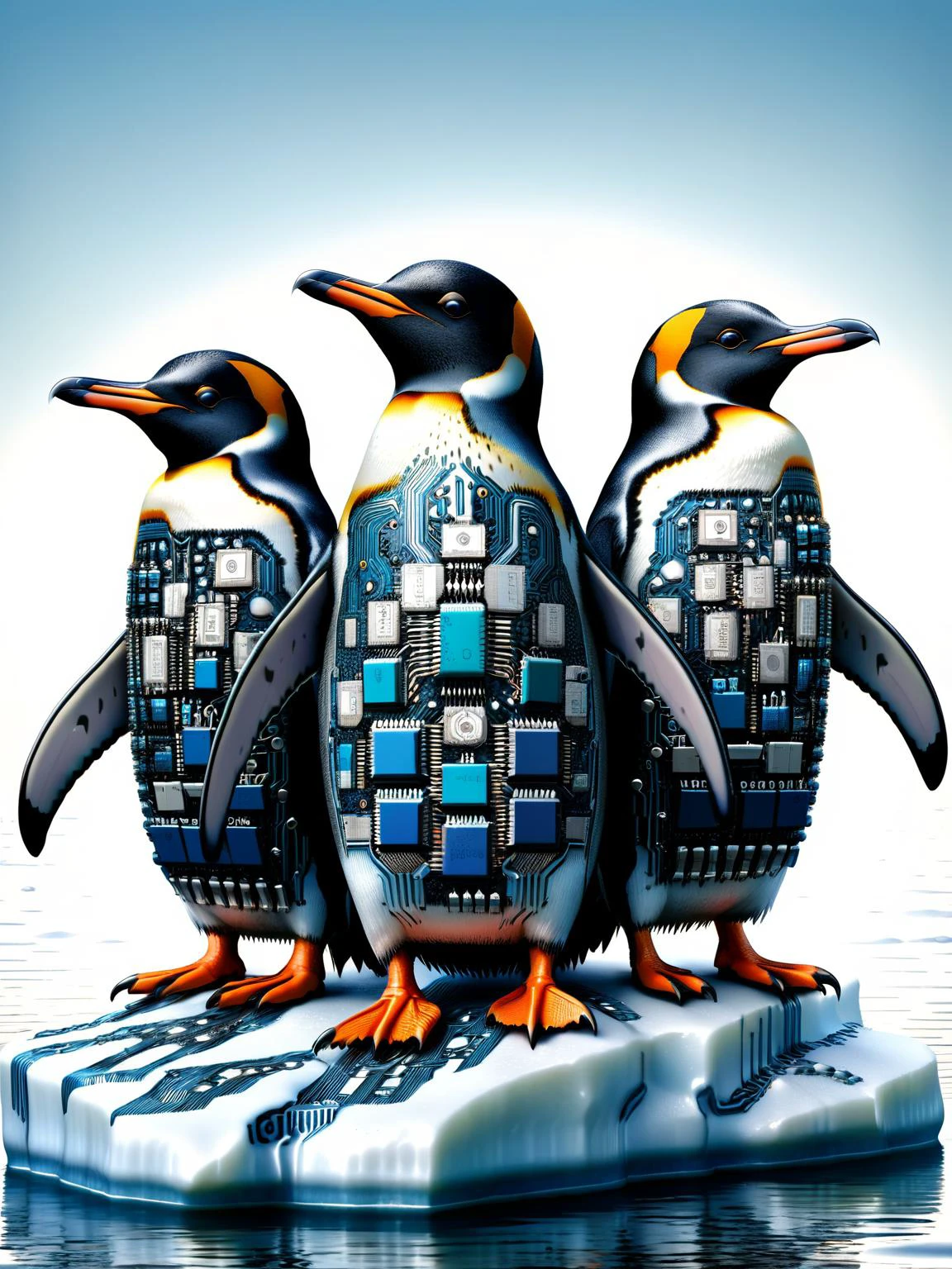 An amusing image of a group of penguins on an iceberg, each with a pattern of ral-semiconductor circuitry on their feathers, as if they're the latest in avian robotics technology <lora:ral-semiconductor-sdxl:1>, humorous, intricate, HDR, <lora:EnvyBetterHiresFixXL01:0:hr=1>