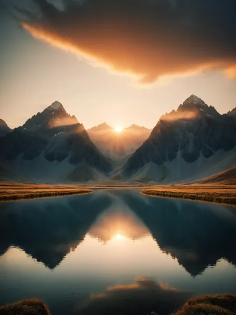 <lora:ral-symetrical-sdxl:1>, <lora:EnvyBetterHiresFixXL01:0:hr=1> A majestic ral-symmetrical mountain landscape at dawn, where each peak and valley is reflected on the opposite side. The rising sun casts a ral-symmetrical glow, illuminating the scene with a crisp morning light.