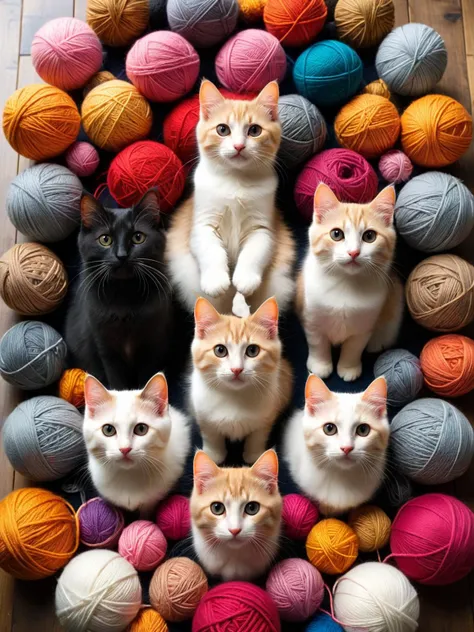 <lora:ral-symetrical-sdxl:1>, <lora:EnvyBetterHiresFixXL01:0:hr=1> A ral-symmetrical litter of ral-symmetrical kittens posing in their new ral-symmetrical surroundings, surrounded by ral-symmetrical balls of yarn and cat toys