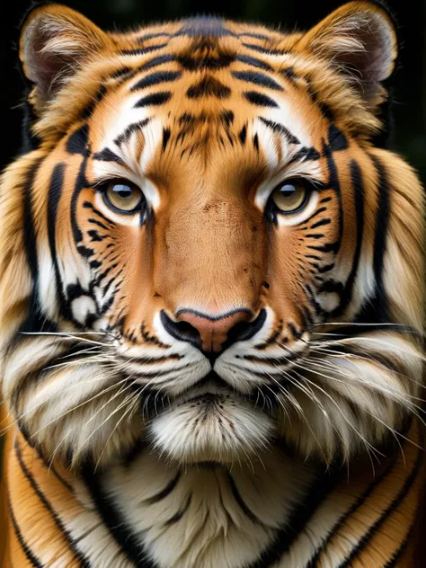 <lora:ral-symetrical-sdxl:1>, <lora:EnvyBetterHiresFixXL01:0:hr=1> A close-up portrait of a ral-symmetrical tiger, where its stripes and facial features are mirrored in perfect harmony. The background is neutral, focusing attention on the ral-symmetrical details of the tiger.