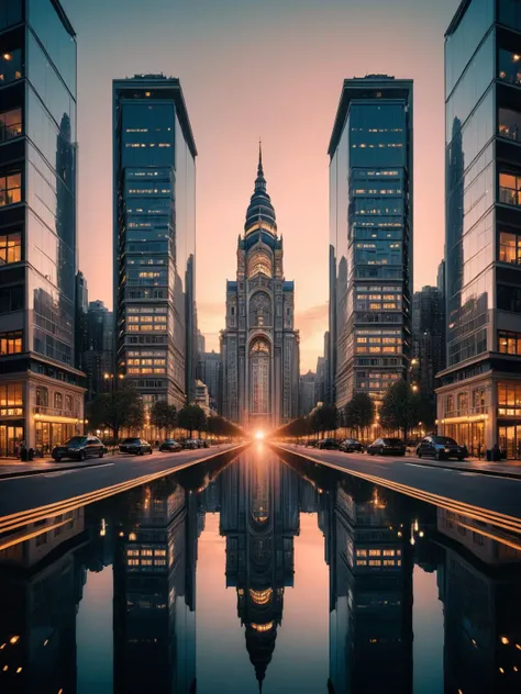 <lora:ral-symetrical-sdxl:1>, <lora:EnvyBetterHiresFixXL01:0:hr=1> A bustling ral-symmetrical cityscape at twilight, featuring an array of perfectly mirrored buildings and streets. The scene is a mesmerizing urban panorama, enhanced by the fading light of the setting sun.