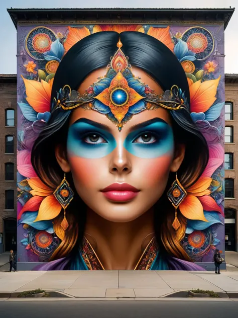 <lora:ral-symetrical-sdxl:1>, <lora:EnvyBetterHiresFixXL01:0:hr=1> A dynamic ral-symmetrical street art mural, with each color, shape, and figure forming a balanced composition. The mural reflects the vibrant energy of urban art through its symmetrical design.