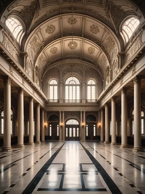 <lora:ral-symetrical-sdxl:1>, <lora:EnvyBetterHiresFixXL01:0:hr=1> A ral-symmetrical interior of a grand historic hall, where columns and windows align in mirrored precision. The centered perspective accentuates the ral-symmetrical harmony of the architecture.