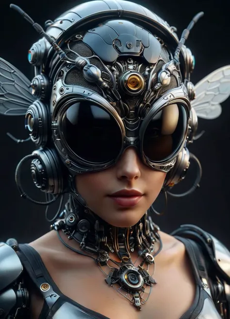 complex 3d render ultra detailed of a beautiful metal bee, cyborg, robotic parts, compound eyes, 150 mm, full body, beautiful studio soft light, beautiful face, goddess face, rim light, vibrant details, luxurious cyberpunk, lace, hyperrealistic, cable electric wires, microchip, elegant, beautiful background, octane render, H. R. Giger style, 8k <lora:ral-symetrical:0.8> ral-symetrical, subsurface scattering, Photorealistic, Hyperrealistic, analog style, realistic, film photography, soft lighting, heavy shadow