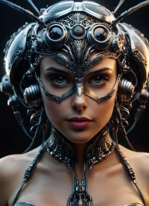 complex 3d render ultra detailed of a beautiful metal bee, cyborg, robotic parts, compound eyes, 150 mm, full body, beautiful studio soft light, beautiful face, goddess face, rim light, vibrant details, luxurious cyberpunk, lace, hyperrealistic, cable electric wires, microchip, elegant, beautiful background, octane render, H. R. Giger style, 8k <lora:ral-symetrical:0.8> ral-symetrical, subsurface scattering, Photorealistic, Hyperrealistic, analog style, realistic, film photography, soft lighting, heavy shadow