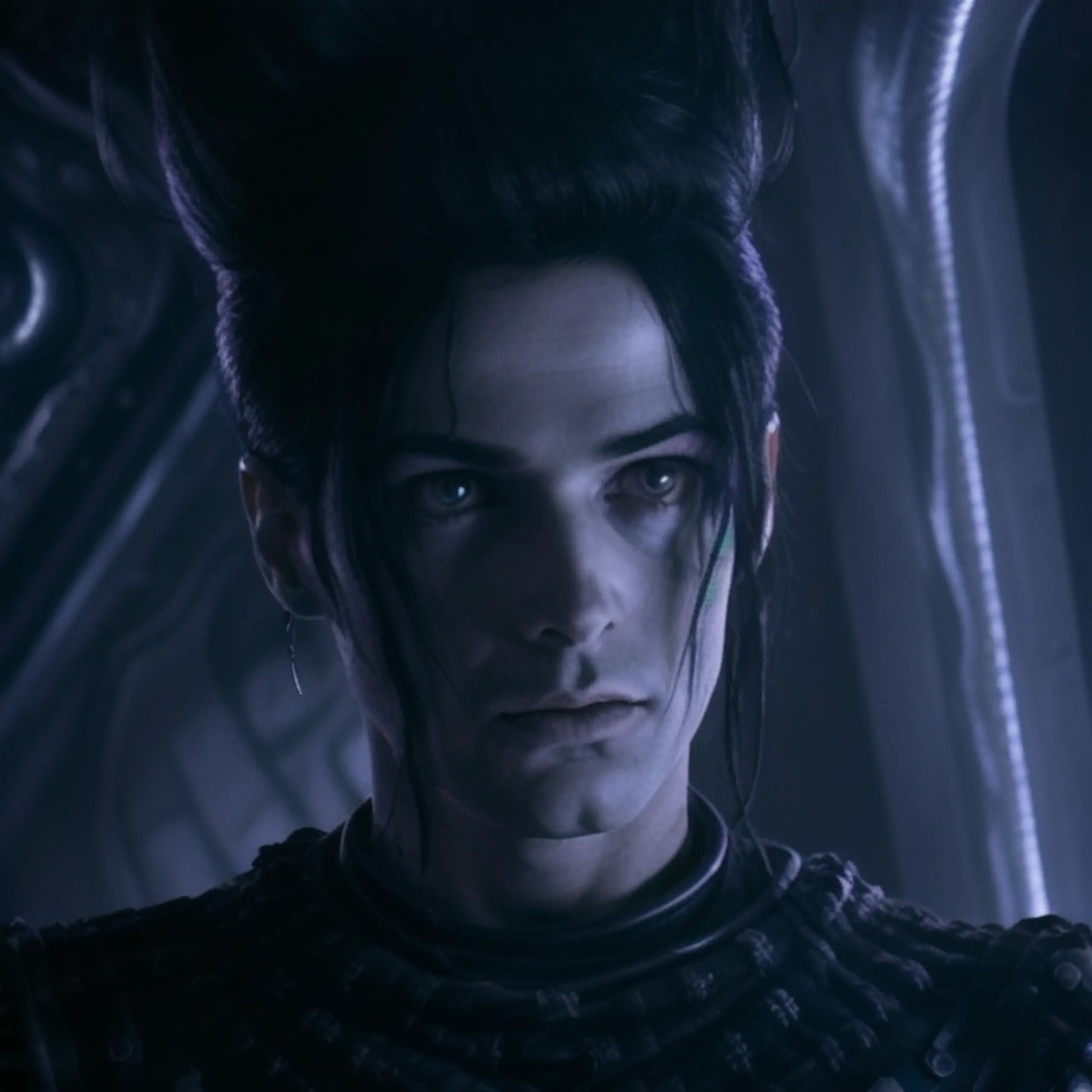 DSLR Photo, Best quality, detailed, photo, futuristic, sci-fi, dramatic, ((goth)), man on a spaceship, <lora:KaiLexx:0.7>, complex background, sci-fi, 4k, ((close-up)) <lora:theovercomer8sContrastFix_sd15:0.6>