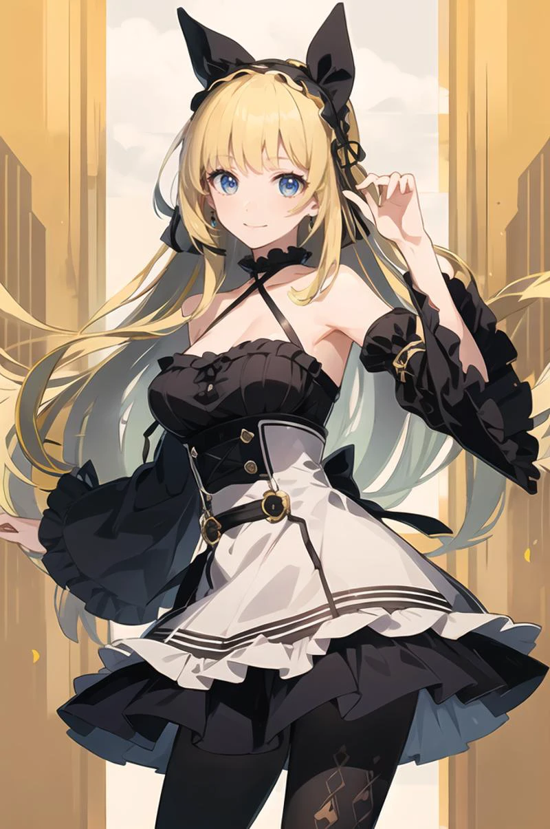 ultra detailed, masterpiece, best quality, outdoors,
solo, blue theme, soft smile, light smile, cowboy shot,
1girl, blue eyes, very long hair, (blonde hair:1.35), long blonde hair, french braid, bangs, medium breasts,
hair ribbon, frilled choker, criss-cross halter, sleeveless dress, high-waist skirt, backless dress, waist bow, detached sleeves, frilled sleeves, wide sleeves, black pantyhose, patterned legwear, mary janes, <lora:Unlight:1> Unlight, effect, Dynamic pose,