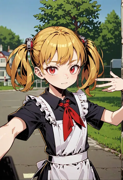 solo,1girl,kid,blonde,twintails,unlight, white apron,black dress,red neckchief,CCCPuniform
looking at viewer,(depth of field:1.2),graden outdoors park,selfie, portrait, 
<lora:Perfect Hands:1><lora:èå¼æ ¡æ:0.7> <lora:Unlighté£æ ¼:0.8> <lora:naip33:0.3>, score_9, score_8_up, score_7_up, score_6_up, score_5_up, score_4_up,zPDXL