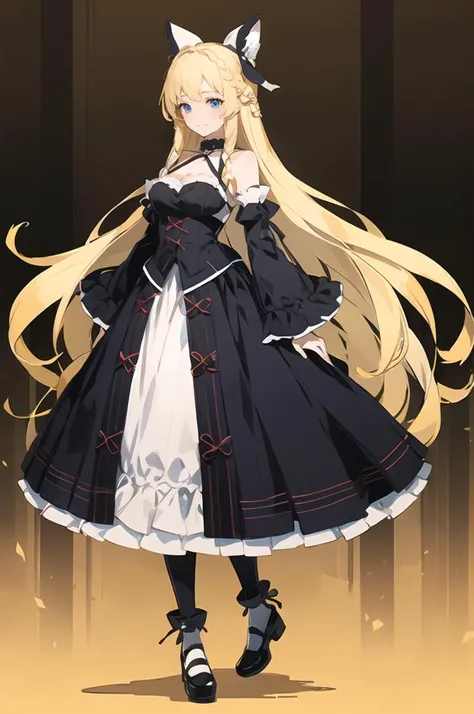 ultra detailed, masterpiece, best quality, blue theme, white walls,
solo, blue theme, soft smile, light smile, cowboy shot,
1girl, blue eyes, very long hair, (blonde hair:1.35), long blonde hair, french braid, bangs, medium breasts,
hair ribbon, frilled choker, criss-cross halter, sleeveless dress, high-waist skirt, backless dress, waist bow, detached sleeves, frilled sleeves, wide sleeves, black pantyhose, patterned legwear, mary janes, <lora:Unlight:1> Unlight, effect, Dynamic pose,