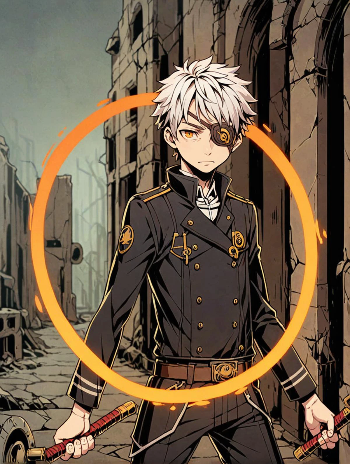 young boy,white hair,black uniform,unlight,portal,holding weapon,solo,eyepatch,
looking at viewer,depth of field,ruins, close-up
<lora:Perfect Hands:1> <lora:Unlight飿 ¼:0.6>, score_9, score_8_up, score_7_up, score_6_up, score_5_up, score_4_up,zPDXL
