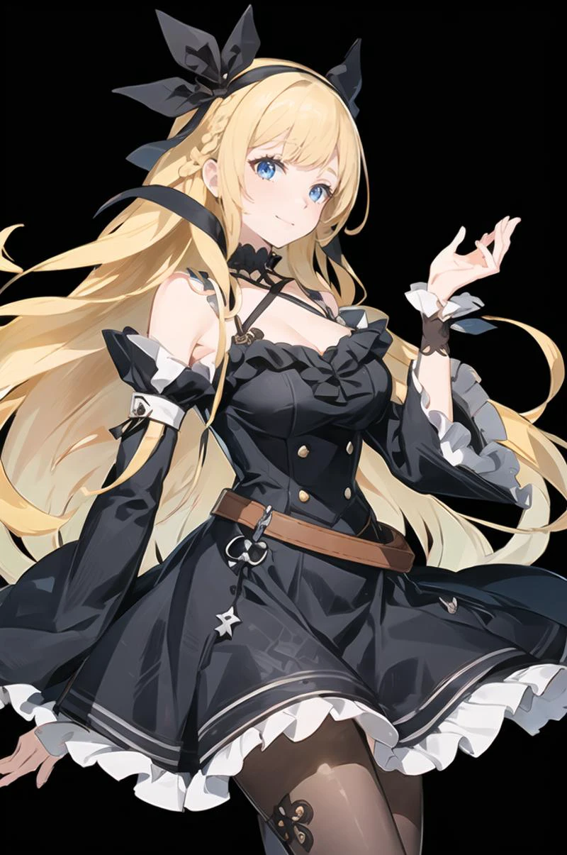 ultra detailed, masterpiece, best quality, blue theme,
solo, blue theme, soft smile, light smile, cowboy shot,
1girl, blue eyes, very long hair, (blonde hair:1.35), long blonde hair, french braid, bangs, medium breasts,
hair ribbon, frilled choker, criss-cross halter, sleeveless dress, high-waist skirt, backless dress, waist bow, detached sleeves, frilled sleeves, wide sleeves, black pantyhose, patterned legwear, mary janes, <lora:Unlight:1> Unlight, effect, Dynamic pose,