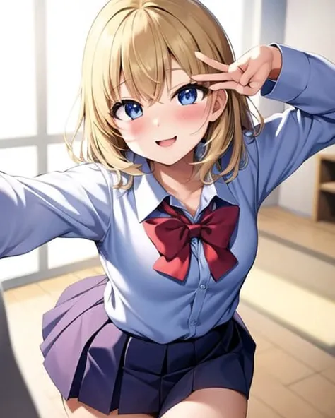 (ebifurya), 1girl, blush, smile, cowboy shot, dynamic angle, dynamic pose, small breasts, looking_at_viewer, school_uniform, shirt, skirt, <hypernet:ebifurya-10000:1>