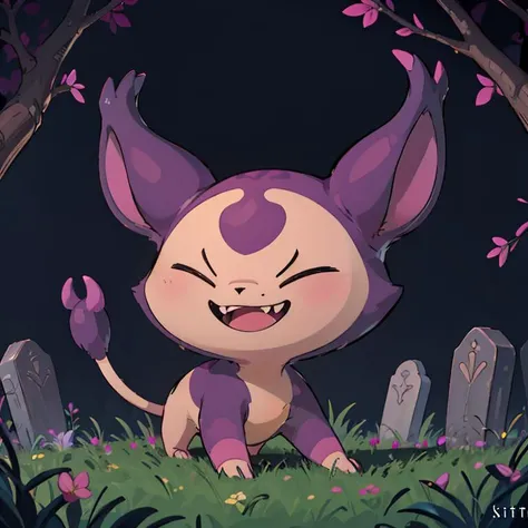 ((masterpiece,best quality)), absurdres,
<lora:Shadow_Skitty_Pokemon_Anime_Dim32:0.8>, Shadow_Skitty_Pokemon, solo, pokemon (creature), no humans, closed eyes, fangs, animal focus, cat,
solo, smiling, looking at viewer,
purple theme, graveyard in background,