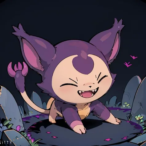 ((masterpiece,best quality)), absurdres,
<lora:Shadow_Skitty_Pokemon_Anime_Dim32:0.8>, Shadow_Skitty_Pokemon, solo, pokemon (creature), no humans, closed eyes, fangs, animal focus, cat, 
solo, smiling, looking at viewer,
purple theme, graveyard in background,