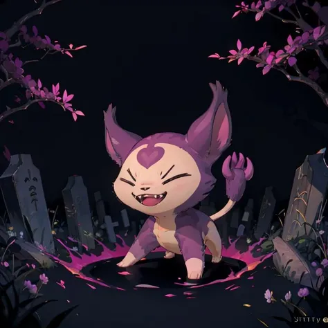 ((masterpiece,best quality)), absurdres,
<lora:Shadow_Skitty_Pokemon_Anime_Dim32:0.8>, Shadow_Skitty_Pokemon, solo, pokemon (creature), no humans, closed eyes, fangs, animal focus, cat,
solo, smiling, looking at viewer,
purple theme, graveyard in background,