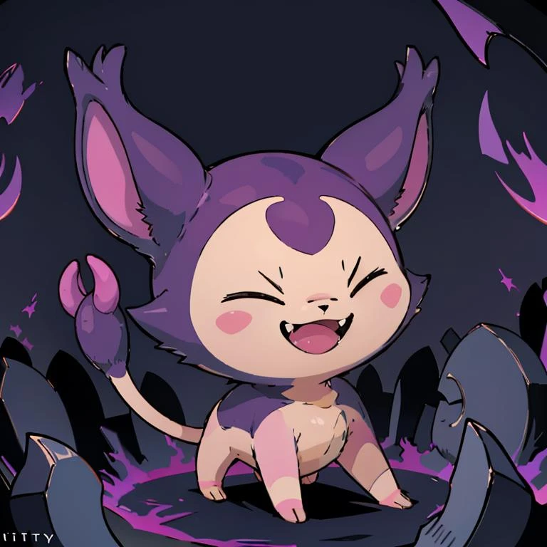 ((masterpiece,best quality)), absurdres,
<lora:Shadow_Skitty_Pokemon_Anime_Dim32:0.8>, Shadow_Skitty_Pokemon, solo, pokemon (creature), no humans, closed eyes, fangs, animal focus, cat,
solo, smiling, looking at viewer,
purple theme, graveyard in background,
