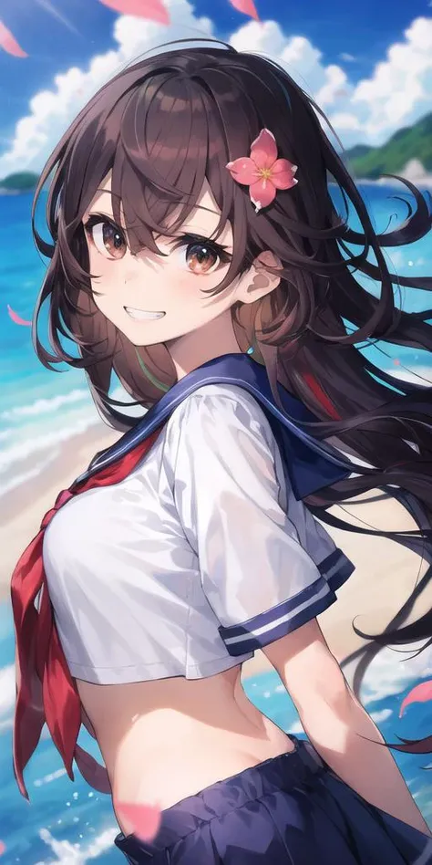 1girl, bangs, black hair, blue sailor collar, bow, branch, brown eyes, egasumi, flower, grin, hair between eyes, looking at viewer, multicolored hair, pink flower, red bow, sailor collar, shirt, short sleeves, smile, solo, upper body, water, white shirt,arms behind back, cherry blossoms, looking at viewer, <lora:mika_locon_v2a-000026:0.7>