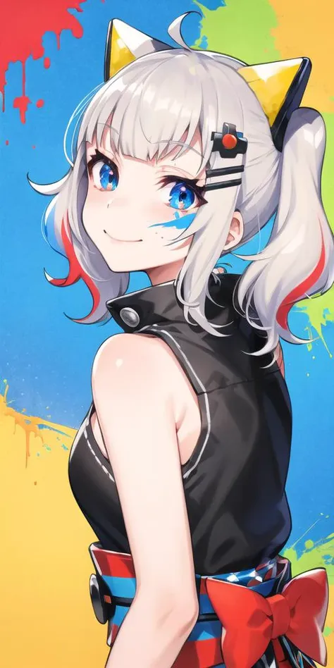 kaguya luna, virtual youtuber, 1girl, paint splatter, hair ornament, blue eyes, breasts, paint splatter on face, twintails, smile, looking at viewer, hairclip, bangs, cleavage, crossed arms, wrist ribbon, solo, multicolored background, sleeveless, bare shoulders, sleeveless dress, upper body, closed mouth, dress, chewing gum, white ribbon, grey hair, x hair ornament, sash, d-pad hair ornament, white hair, obi,d-pad, paint,looking back, <lora:mika_locon_v1d:0.7>