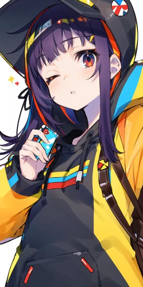 1girl, blonde hair, blush,parted lips, colored inner hair, hood, hoodie, lantern, long hair, long sleeves, looking at viewer, multicolored hair, one eye closed, paper lantern, phone, print hoodie, purple hair, red eyes, simple background, smartphone, solo, two-tone hair, unmoving pattern, upper body, white background, bangs, bag, jacket, backpack, blue hair, blunt bangs, colorful, print shirt, halftone, halftone eyes, <lora:mika_locon_v3l:1>