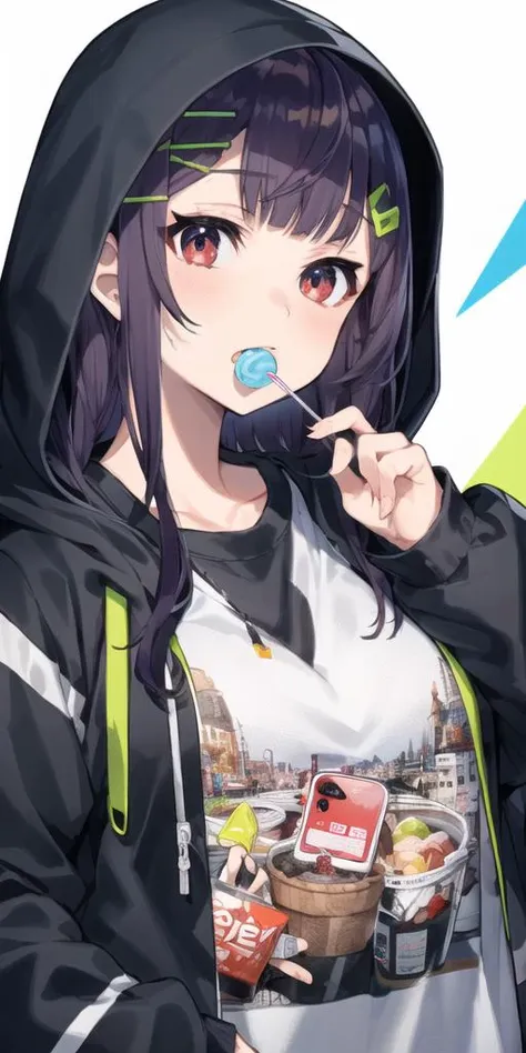 1girl, solo, hood, food, lollipop, hood up, long hair, candy, hair ornament, looking at viewer, v, shirt, bangs, white shirt, hooded jacket, upper body, jacket, hairclip, red eyes, long sleeves, purple hair, multicolored hair, mouth hold, arm up, holding, phone, sleeves past wrists, cellphone, streaked hair, teeth, food in mouth, open jacket, open clothes, <lora:mika_locon_v2a-000026:0.7>