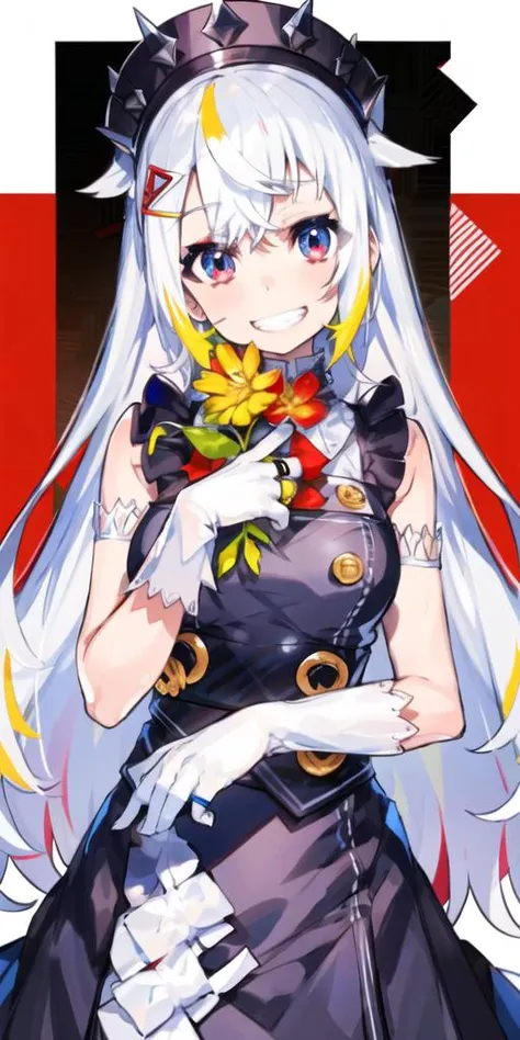 1girl, artist name, bangs, black bow, black flower,blonde hair, blue flower, bow, crossed bangs, eyebrows visible through hair, flower,grin, hair bow, hair ornament, hairclip, half gloves, heart, jewelry, long hair, mismatched gloves, multicolored hair, red eyes, red flower, redhead, ring, rose, smile, solo, streaked hair, striped, striped bow, upper body, very long hair, white bow, white flower, white gloves, white hair, white rose, yellow bow, yellow flower, hands up, looking at viewer, sleeveless, blush, bare shoulders, teeth, red background, hair between eyes, yellow rose, red rose, makeup, brown flower, red hair, sidelocks,colorful, print shirt, multicolored background, glitch, <lora:mika_locon_v3l:1>