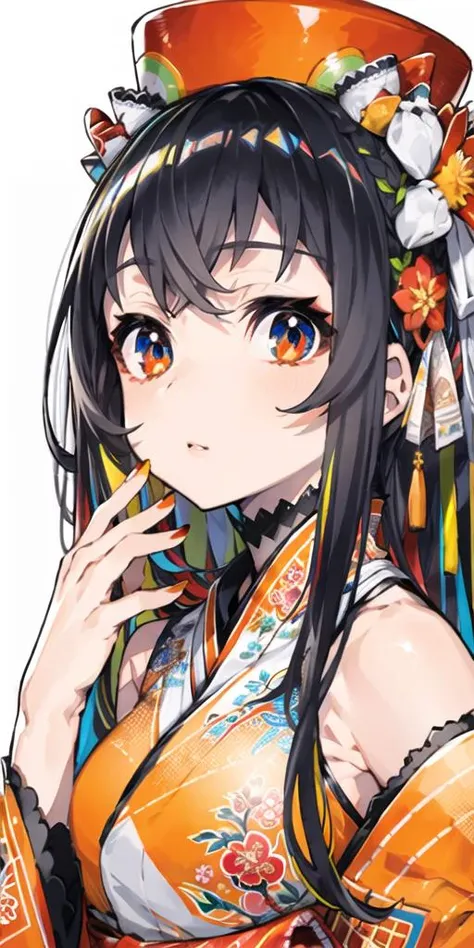 1girl, bangs, black hair, blunt bangs, blush, close-up, closed mouth, dress, eyebrows, eyebrows visible through hair, eyelashes, face, fingernails, flower, food, fruit, gradient, gradient hair, hair between eyes, hair flower, hair ornament, hand to own mouth, hand up, hat, hime cut, japanese clothes, kimono, long fingernails, long hair, long sleeves, looking at viewer, multicolored hair, nail polish, orange, red eyes, red hat, red nails, simple background, solo, tassel, traditional clothes, white background, upper body, frills, bow, ribbon, portrait, floral print, colorful, red background, print hair, <lora:mika_locon_v2a:1>